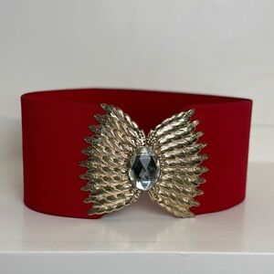Vintage 80s - Y2K Elegant Red Belt with Gold Winged Buckle